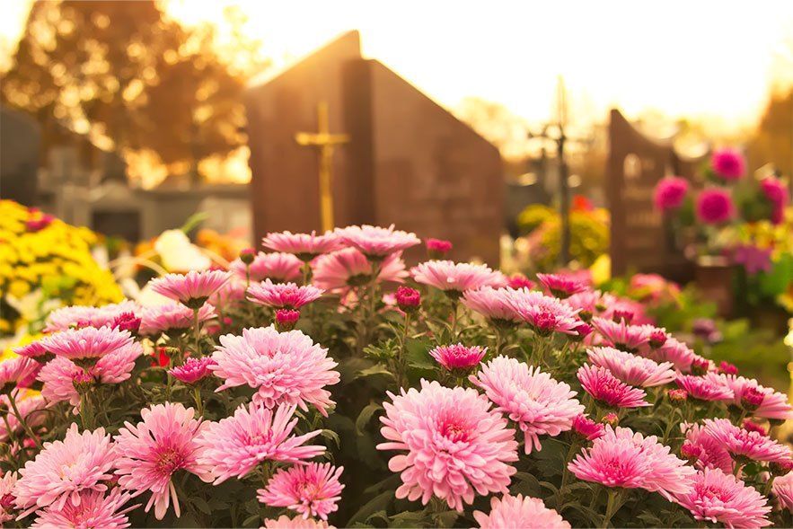 Bunte Blumen auf einem Friedhof bei Sonnenuntergang